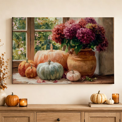 Citrouilles près de la fenêtre - Décoration murale intérieure aux tons neutres, impression sur toile tendue de 40,6 cm (H) x 61 cm (L), prête à être accrochée pour la cuisine, la salle à manger ou le salon.