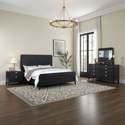 Ensemble de chambre avec grand lit 4 pièces Jack, bois noir cannelé, commode et miroir