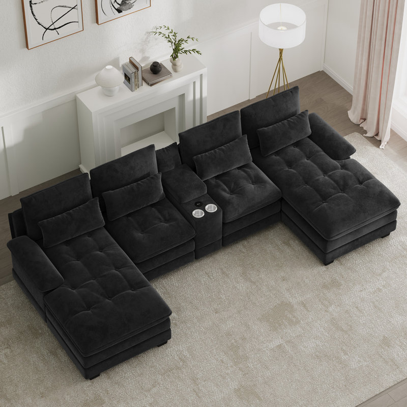 Canapé modulaire surdimensionné en U de 4 pièces de 134 po avec console et porte-gobelets, Noir