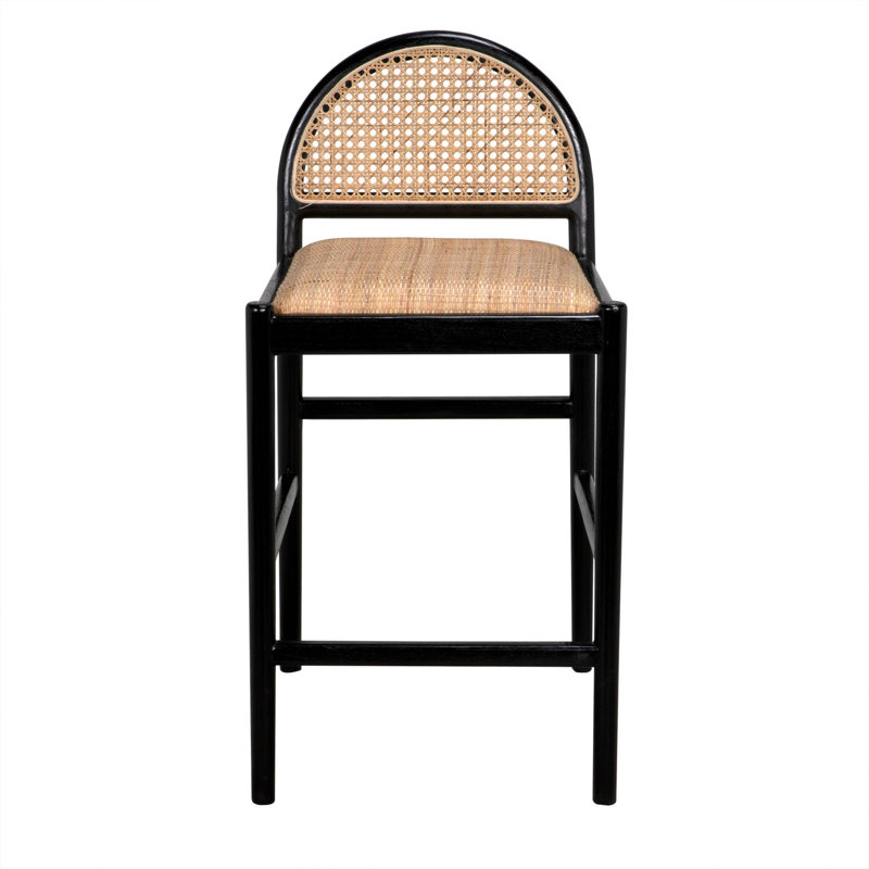 Black and Natural Wood Counter Stool with Rattan Backrest