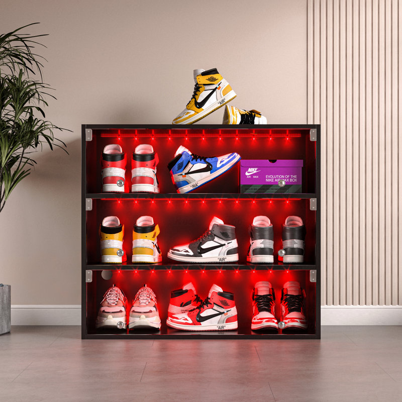 Boîte à chaussures à DEL NOIR trois couches avec portes en verre