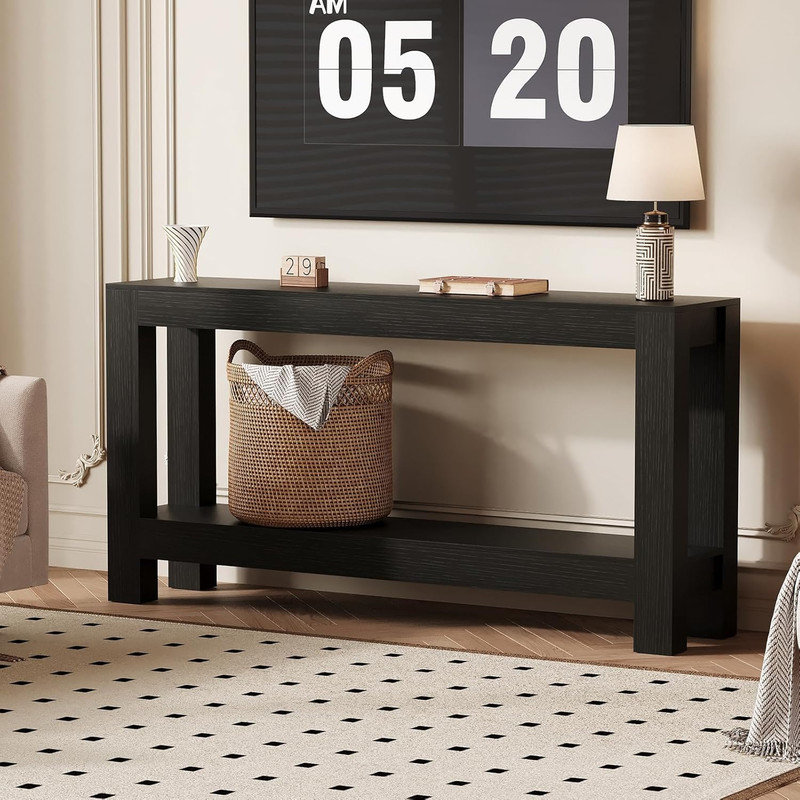 63" 2-Tier Farmhouse Console Table, Reinforced Stable Narrow Entryway Sofa Table for Living Room, Hallway, Foyer, Black
