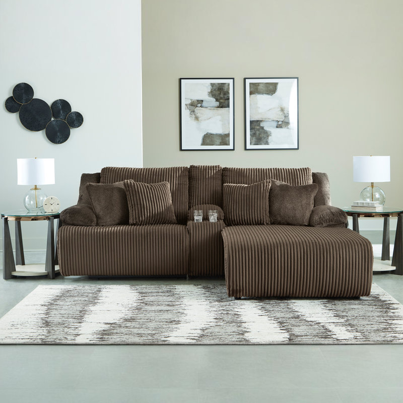 Matherly 3-Piece Reclining Sectional Sofa With Chaise, Right Hand Facing, Brown Polyester