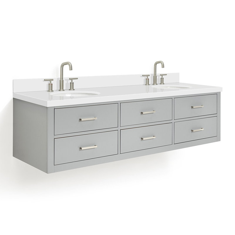 73'' W Double Vanity, Brushed Nickel, Gray, Pure White Quartz