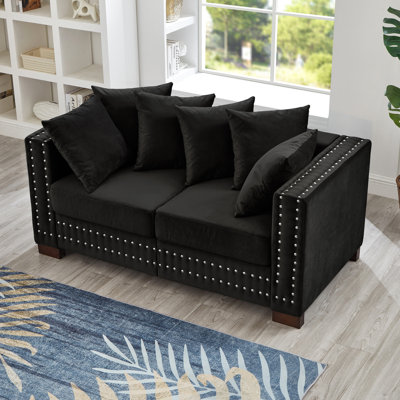 Velours noir au design contemporain pour espace de vie, accoudoirs carrés et clous argentés, sièges confortables rembourrés de ressorts, housses de rangement de siège amovibles 2 places modernes, accoudoirs avec ressorts ensachés