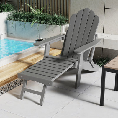 Folding Adirondack Chair with Cup Holders, Fire Pit Chair with Retractable Ottoman, Multifunctional HIPS Chair for Patio