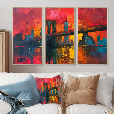 Red Blue Brooklyn Bridge Nyc - Bridges Wall Art Set