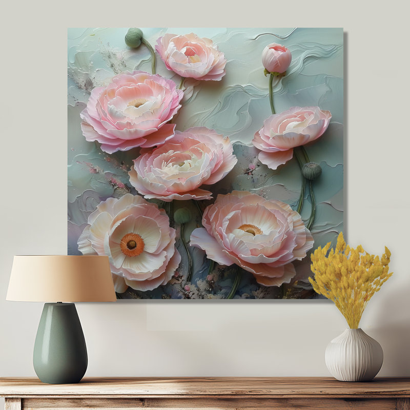 Rose, gris, printemps, réveil, Renoncule II - Renoncule, art mural, salon, H 16 po x l 16 po, Métal métal