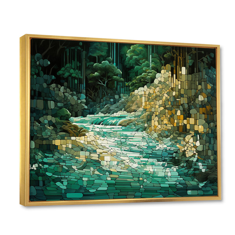 Abstrait forêt émeraude sauvage, rivière I, 24" H x 32" W, Cadre flottant doré