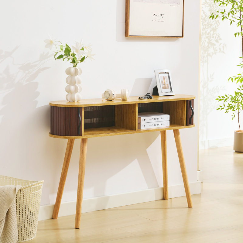 Wood Grain Console Table with Sliding Door