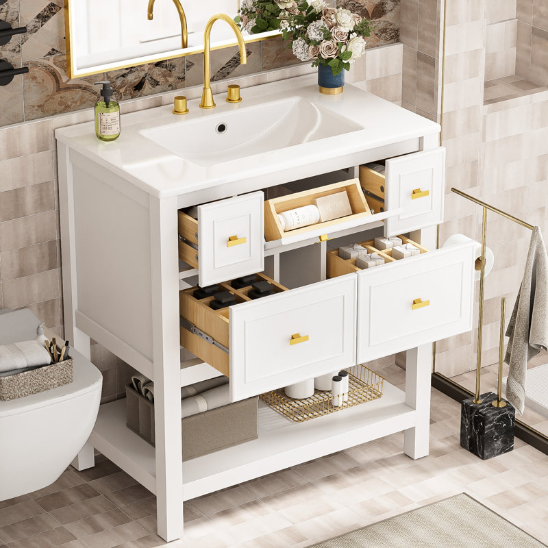 Lavabo de salle de bain moderne 30 po - Céramique, structure en bois massif, 5 tiroirs, lavabo en céramique blanc 30 po, bois,