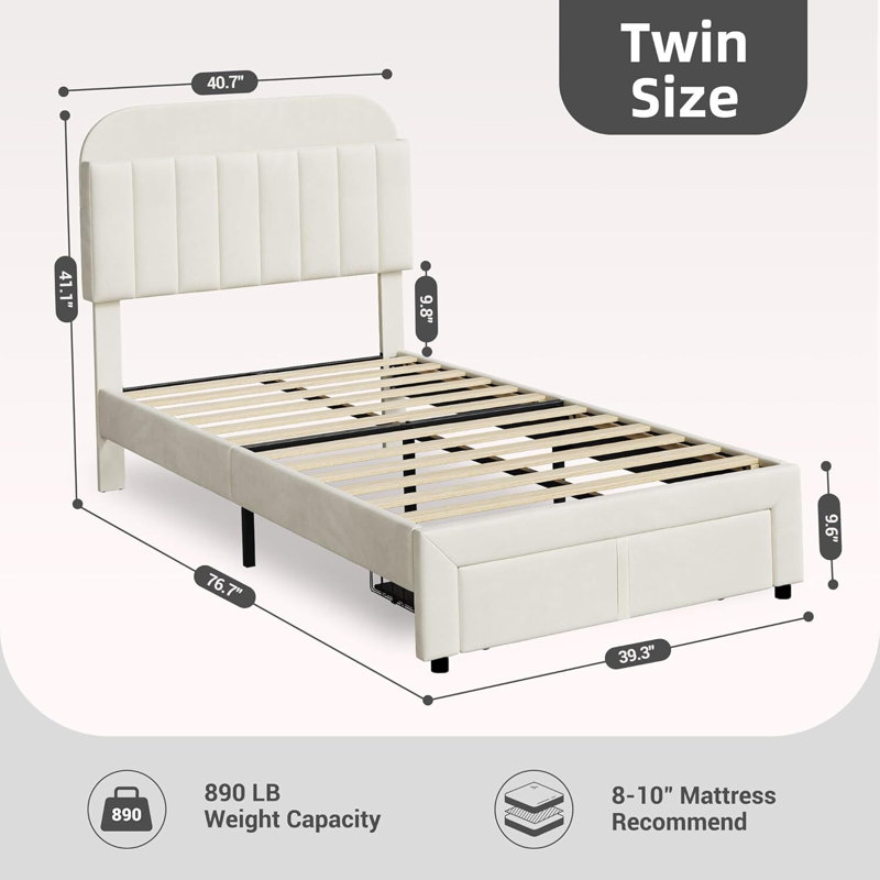 Upholstered Platform Bed With Large Storage Drawer And Bookcase Headboard, Twin, White