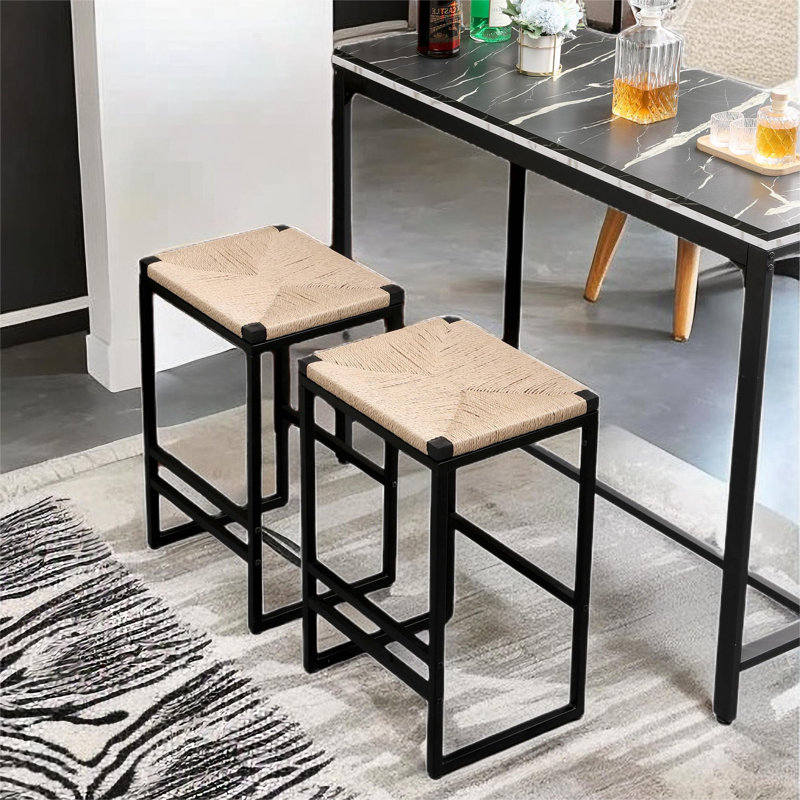 Set Of 2 Backless Bar Stools With Woven Paper Rope Seat