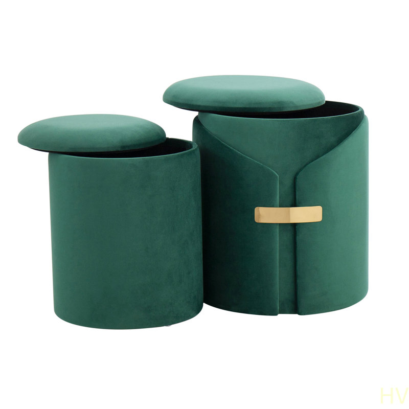 Dahlia Contemporary/Glam Nesting Ottoman Set In Velvet With  Metal Accent Pieces, Green