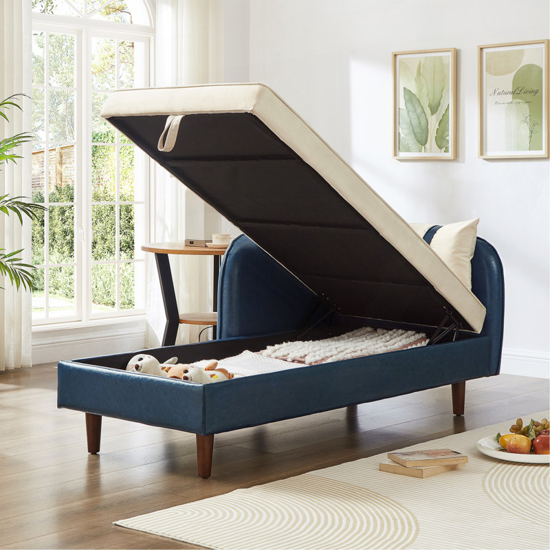Canapé de rangement 65 po en polyuréthane bleu marine et velours beige, Velours beige, Blue