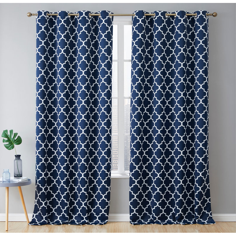 Geometric Blackout Thermal Grommet Curtain Panels, Navy Blue, 52" W x 84" L