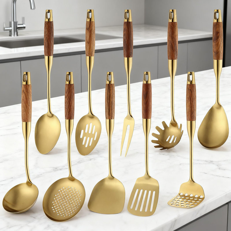 Ensemble d'ustensiles de cuisine en acier inoxydable 10 pièces avec poignée en bois, outils de cuisine en métal 18/10 pour usage professionnel et domestique, va au lave-vaisselle