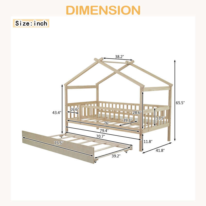 Lit en bois avec lit gigogne simple, Lit simple, Naturel