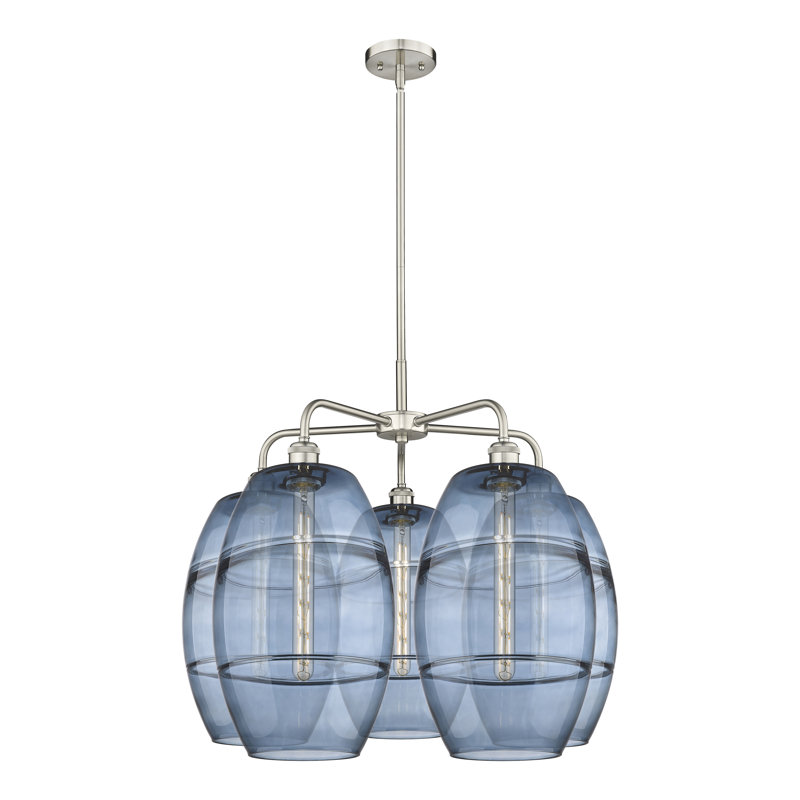 Dundrod 5 - Light Steel Dimmable Round / Oval Chandelier, Princess Blue, 24" H x 28" W x 28" D, Satin Nickel