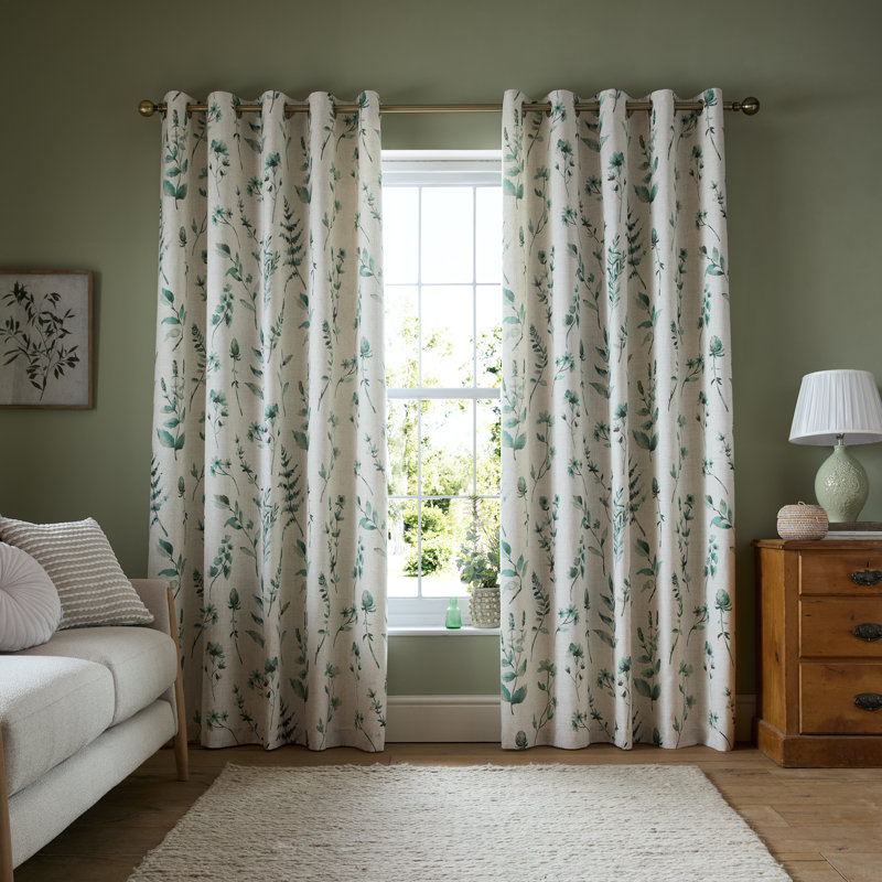 Watercolour Leaves Lined Eyelet Curtains, 90x90 Inch