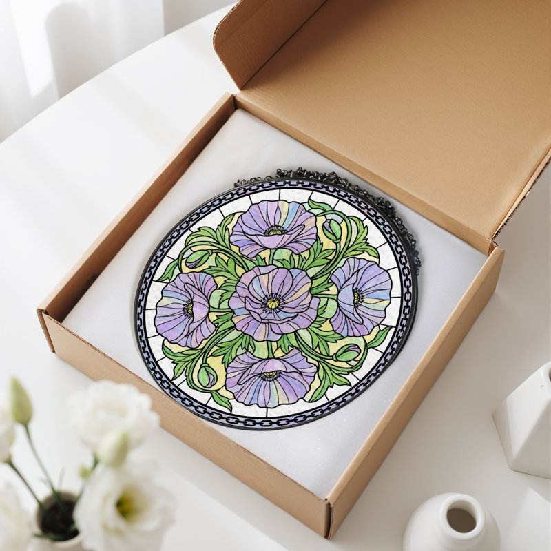 Panneau de vitrail 12 "H Fleurs mauves, H 12 po x l 12 po