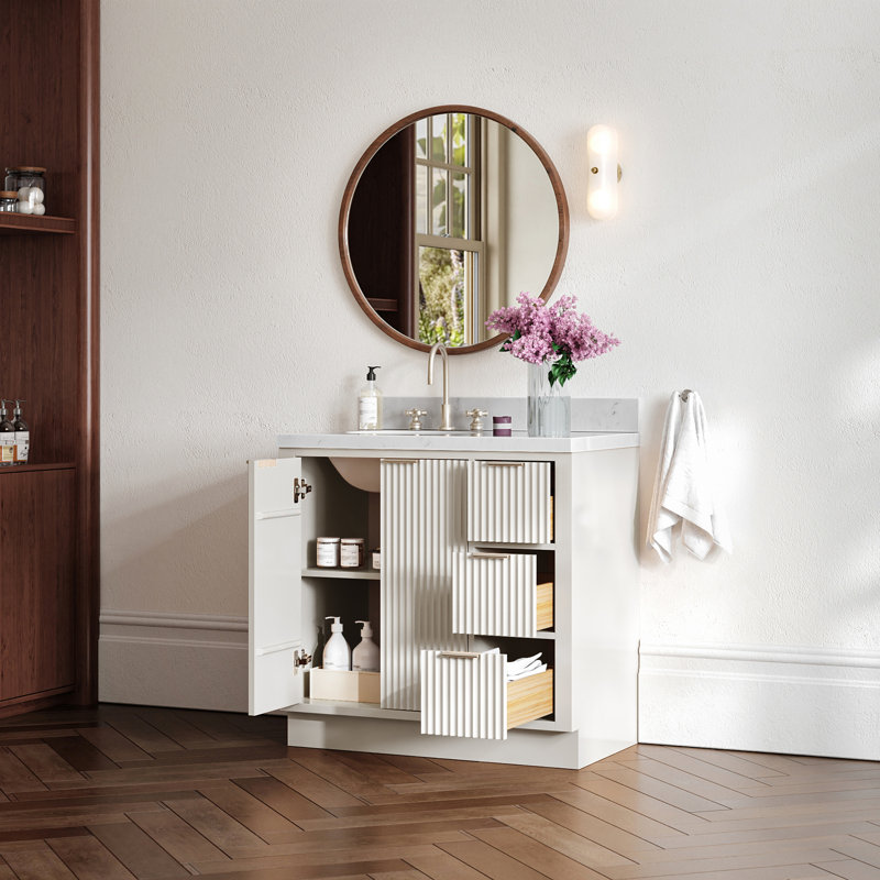 Meuble-lavabo ovale décalé à gauche 36 po avec comptoir à quartz blanc de Carrare Koeninger, Gauche, Ovale, Blanc chaud