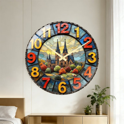 Horloge murale vintage en verre coloré avec art cathédrale - 24 po