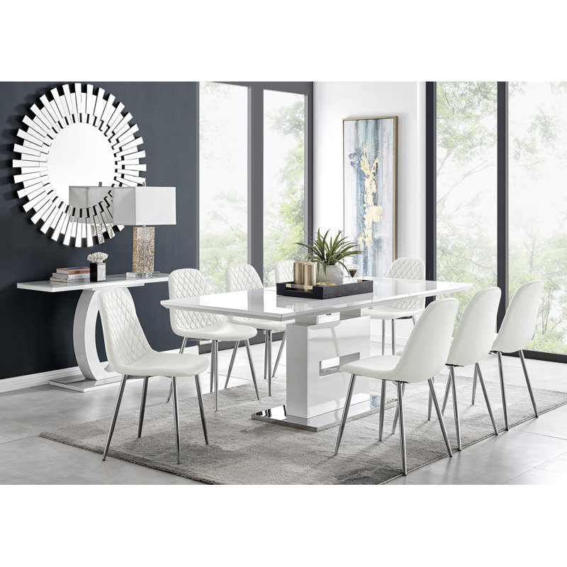 Alezzo Modern High Gloss Extendable Dining Table Set with 8 Luxury Faux Leather Dining Chairs, White/Silver