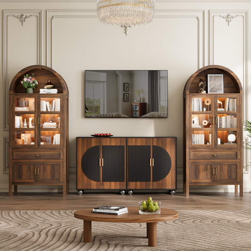 71'' Tall Full Wood Arched Storage Cabinet Adjustable Shelves Bookcase With LED Lights, Walnut