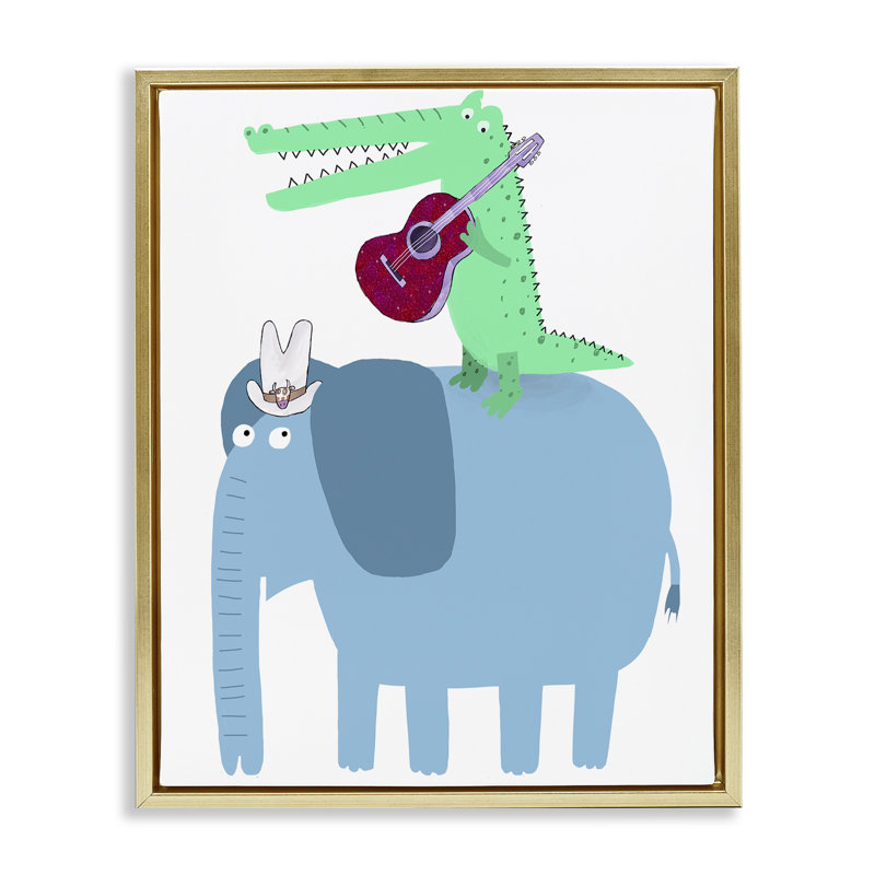Éléphant et alligator avec guitare acoustique encadrée, art mural par Carla Daly, H 31 po x l 25 po