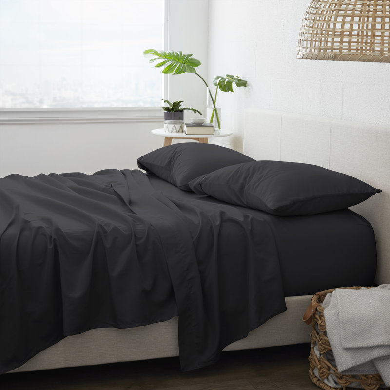 Ensemble de draps 4 pièces Ultra Soft, Noir, Ensemble de draps très grand californien avec 2 t