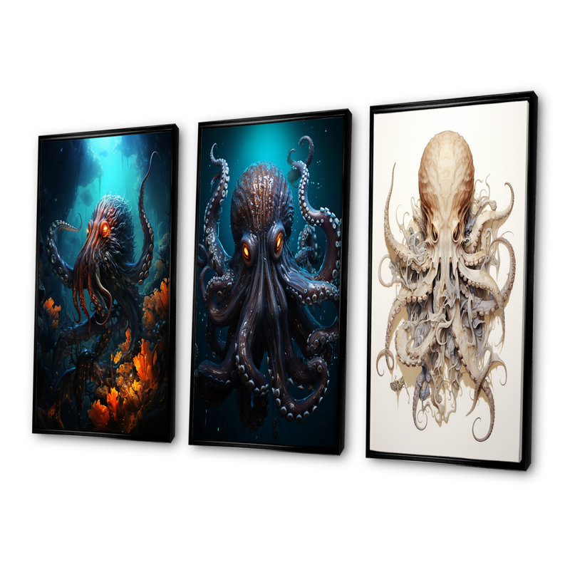 Superheros Octopus Warrior - ensemble de salon art mural poulpe / calmar de 4, Cadre flottant noir, H 32 po x l 48 po