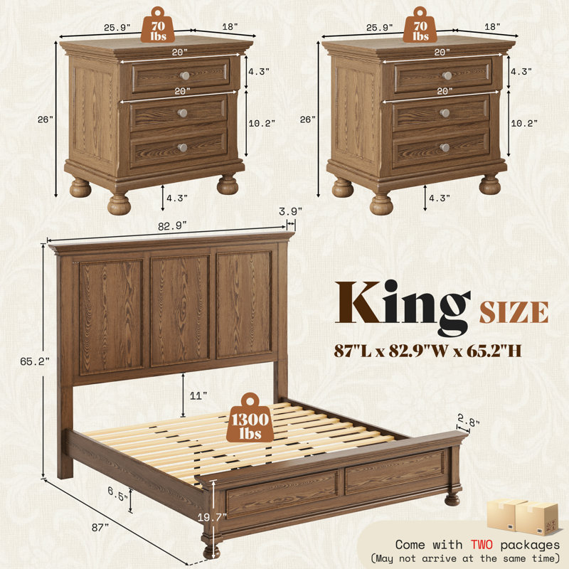 3-Piece Classic Solid Wood Bedroom Set,Includes 65" H King Size Bed And Two Nightstands,Light Brown, Light Brown, King