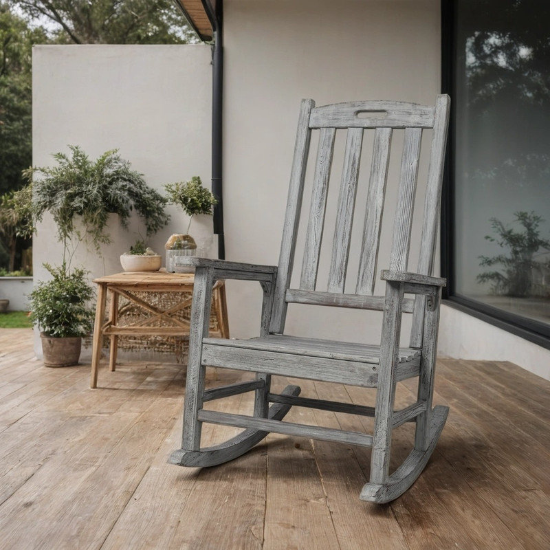 Wooden Rocking Chair with High Backrest and Wide Seat, Gris