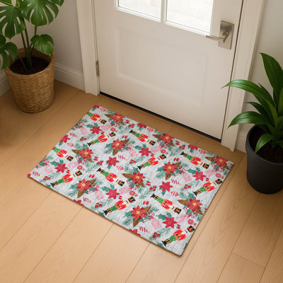 Premium Machine Washable Dockside AMF1822 Nutcracker and Poinsettia Rug