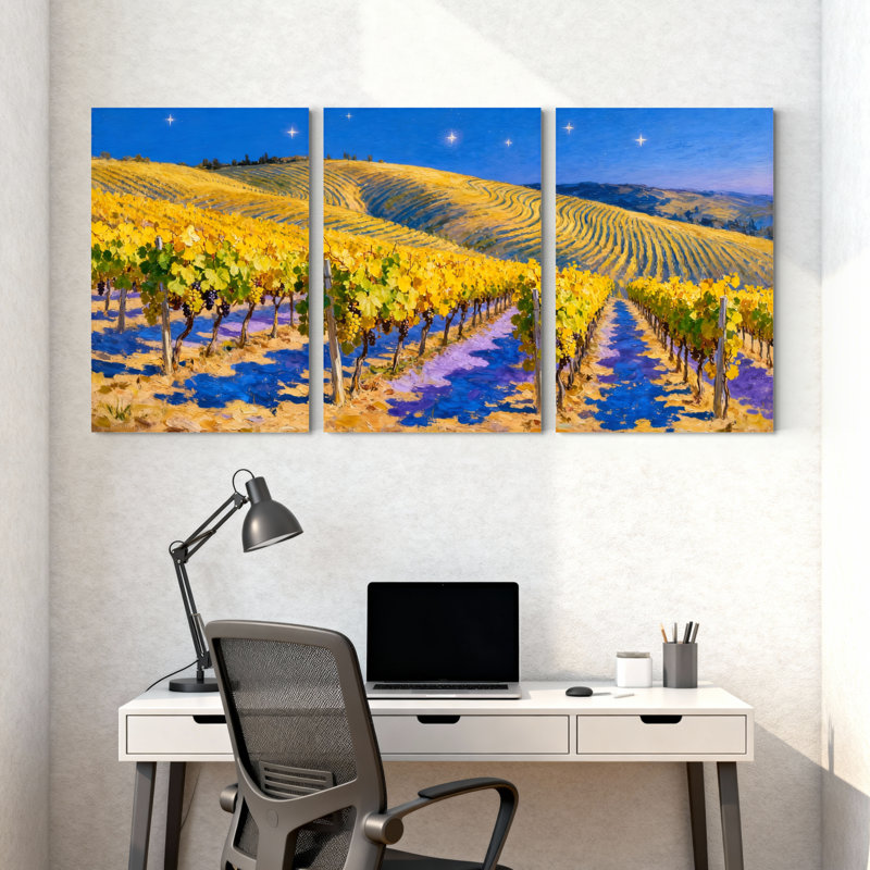 Ensemble de 3 reproductions abstraites de vignobles sous un ciel étoilé, impressions sur toile, H 30 po x l 60 po