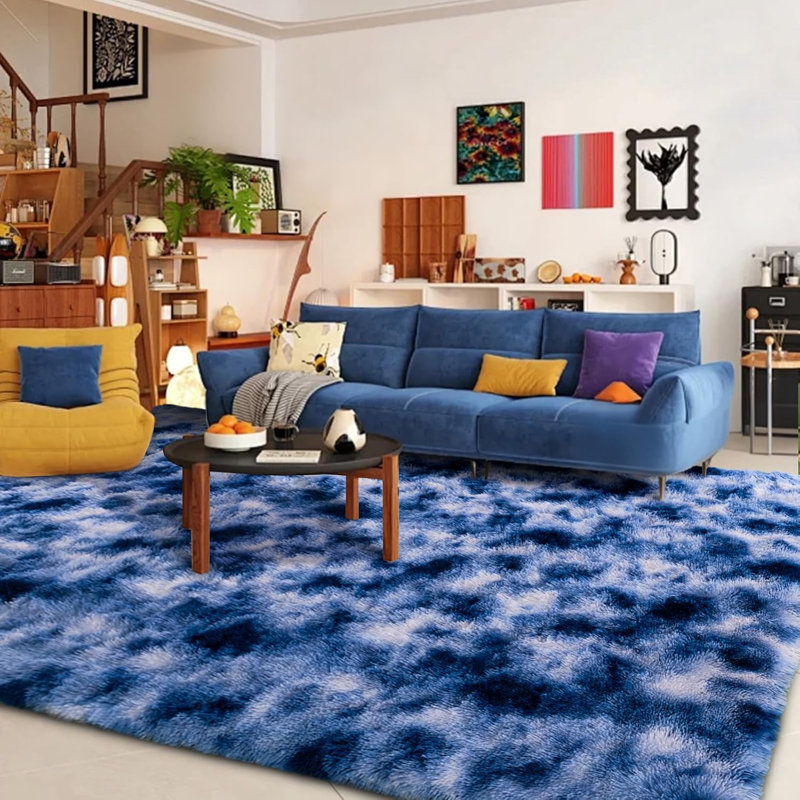 8×10ft Washable Area Rug Ultra Soft Fluffy Shag Rug  Indoor Carpet for Living Room Bedroom Kidsroom Home Decor, Blue