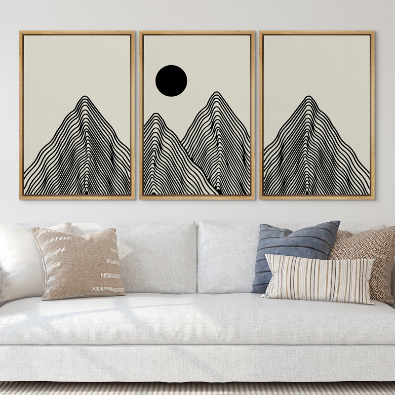 Art mural Mid-Century moderne bohème minimaliste abstrait montagne soleil encadré sur toile, 3 pièces, H 24 po x l 48 po