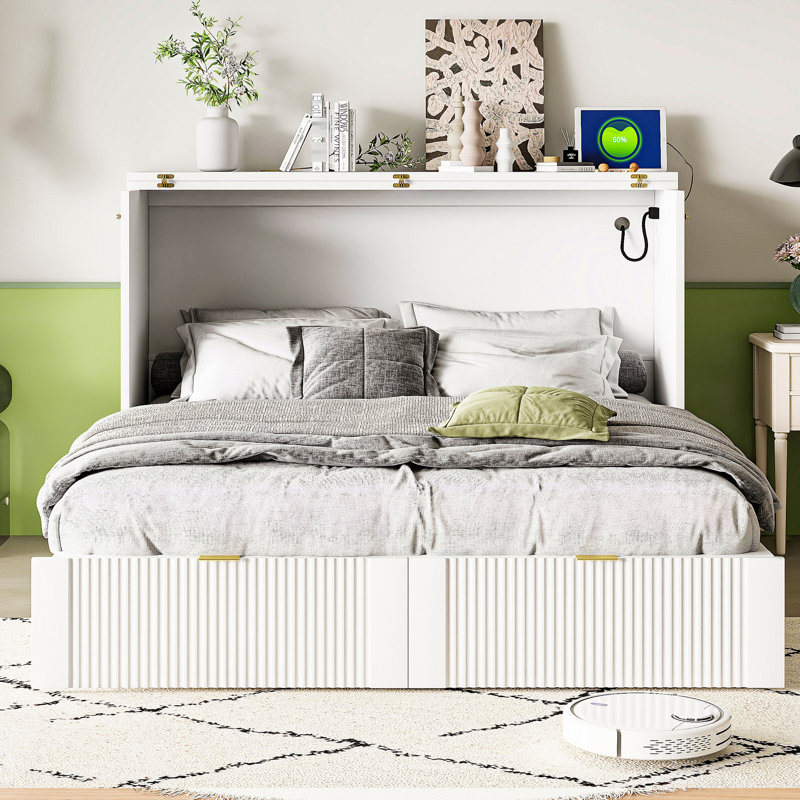 White   Bed With Drawer & Sockets/ - Space Saving For Home Gym, Office, Guest Room Pulley Structure Design Socket/ Ports Guestroom, Gym