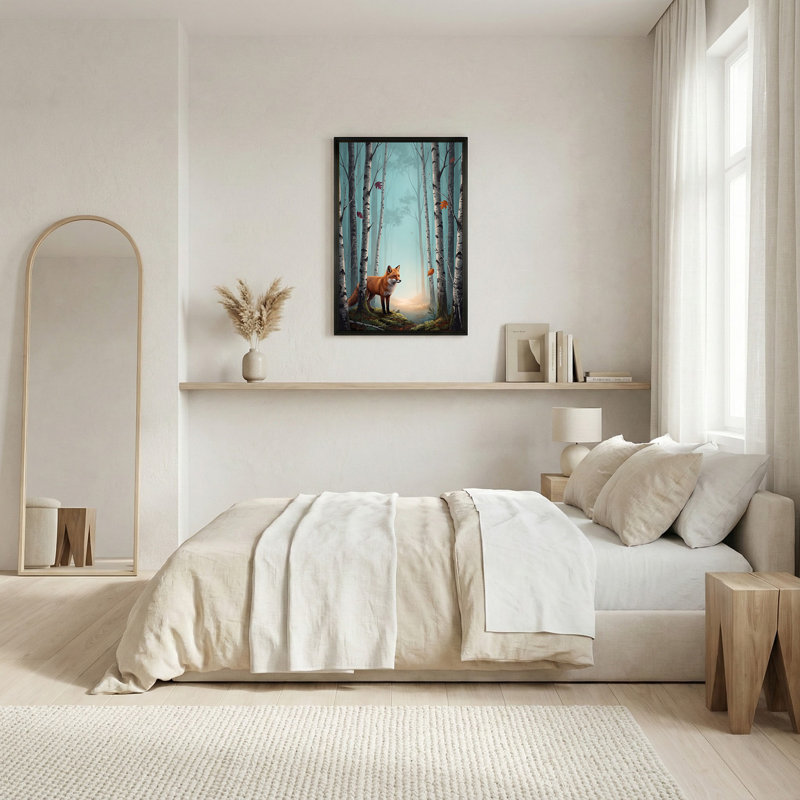 «Red Fox in Teal Misty Birch Trees with Orange Leaves», art mural sur toile, 18"H x 12"W