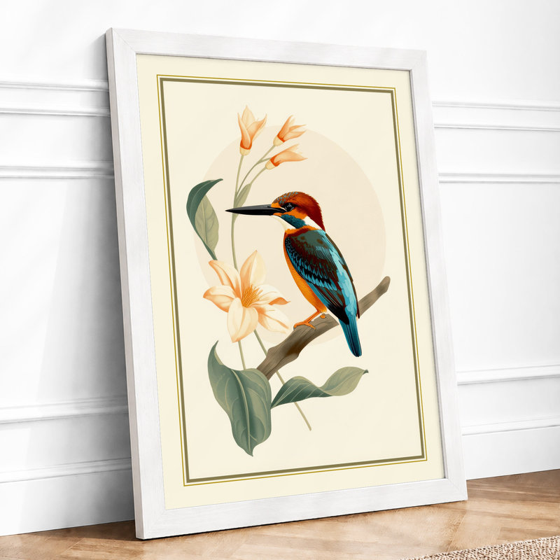 Kingfisher And Blossom Botanical - Print, A2 - 59.4 x 42.0 cm, White