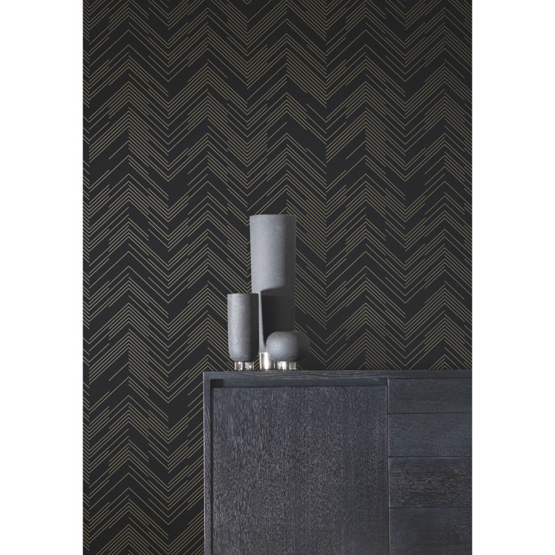 Chevron Metallic Wallpaper Roll, Black/Gold