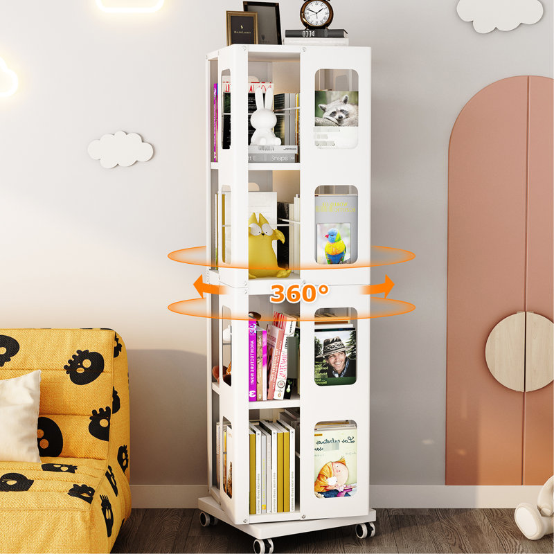 , 4 All Rotating Bookshelf, 360 Wheels, New Style White, Arc-Shaped Corners, Space Solution, Simple Setup Process Space,