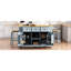 Îlot de cuisine gris-bleu avec 3 tiroirs, abattant et une station de charge intégrée, le long de 2 tabourets de bar de 53 po à 5 roulettes, portes de grange, livré-146654232-146654436