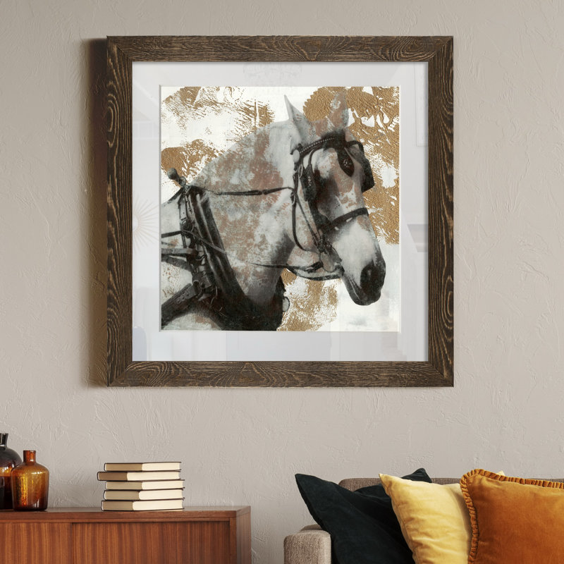 Driving Horses II-impression d’art graphique encadrées sur papier, Encadré de bois de noyer, H 31,5 po x l 31,5 po x P 1,5 po