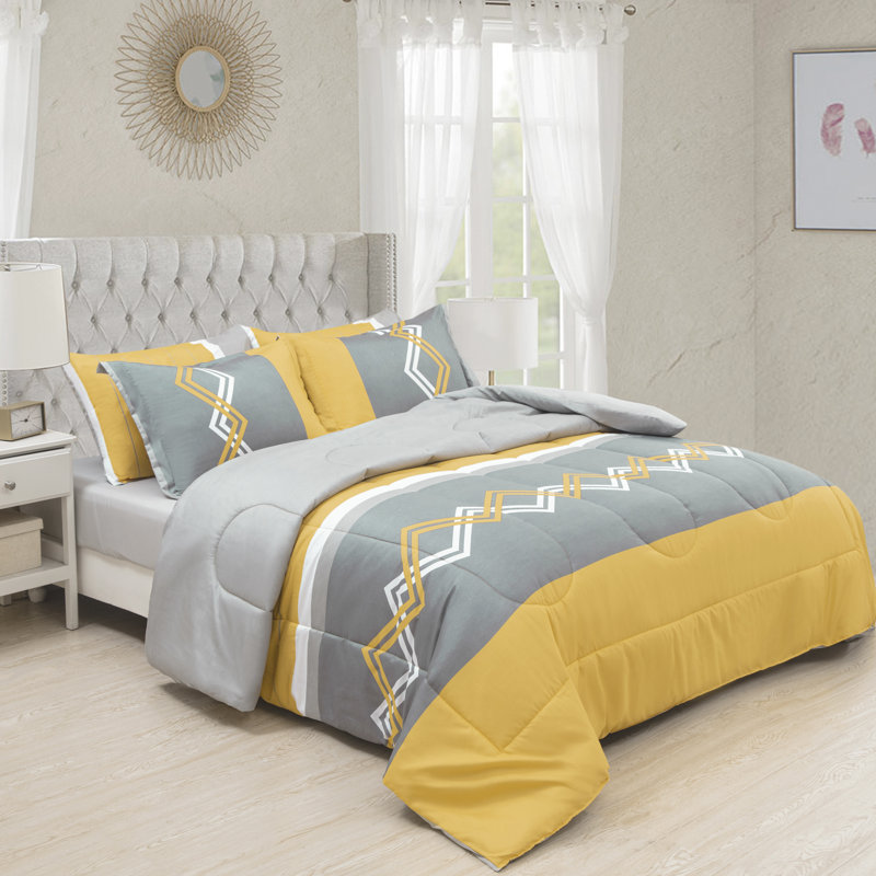 Full Gray and Yellow Microfiber Bed in a Bag Set