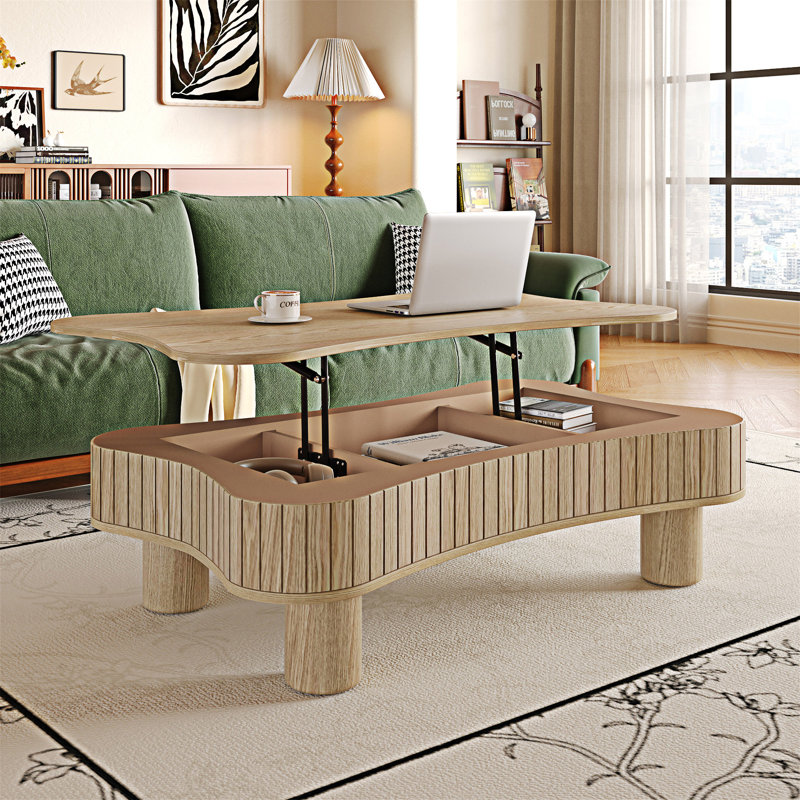 Table basse à plateau relevable avec rangement caché, Bois naturel