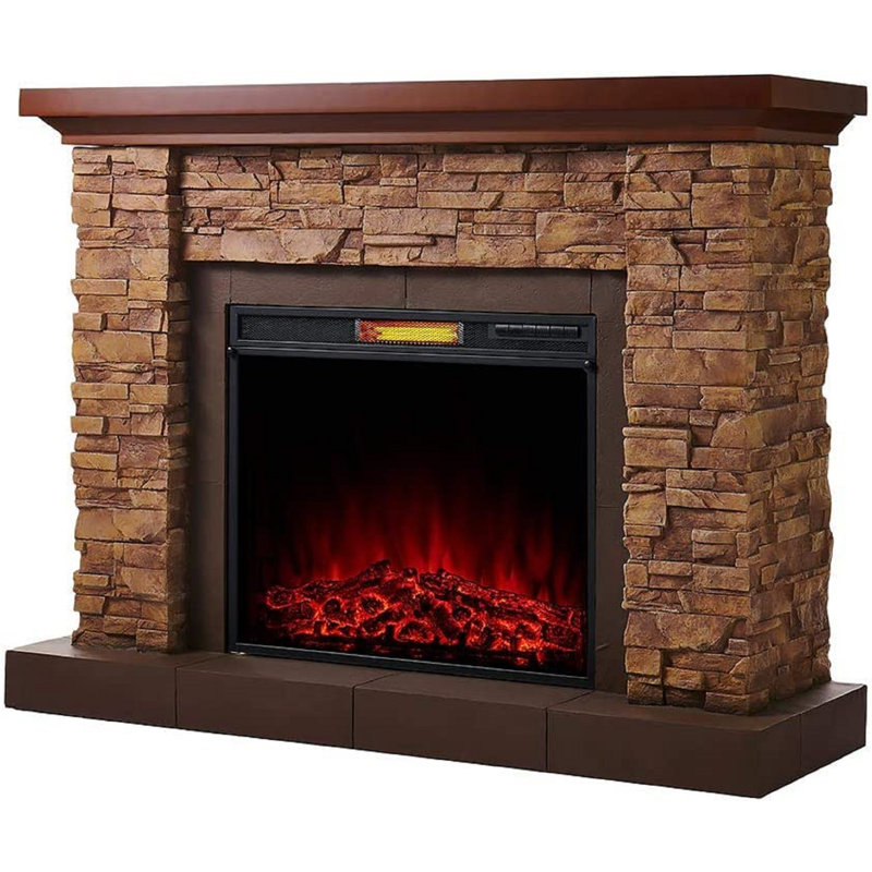Feico Stackstone Electric Fireplace Mantel Package - Stacked Stone Design with Wood Shelf - 1,000 SQ FT