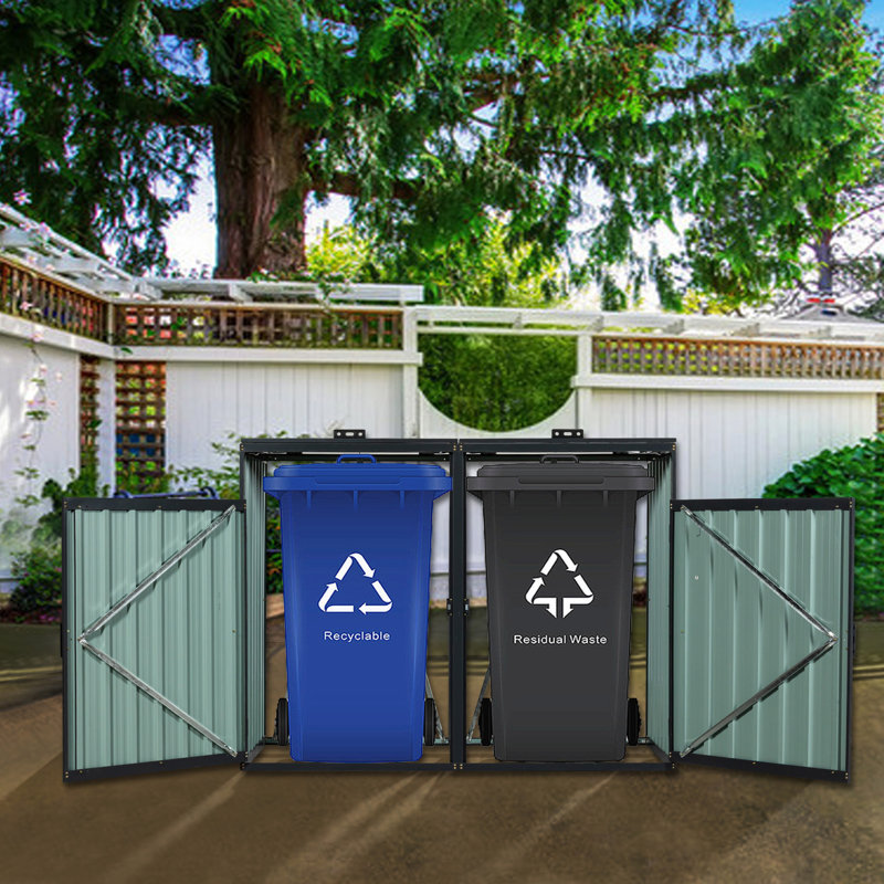 Iron Garbage Storage Shed For Yard - 2 Can Capacity, 48.94 In Height, Ventilated, Easy Assembly Outdoor Bin With Spring Lid Charcoal, 61.15 Depth, , Scratch-