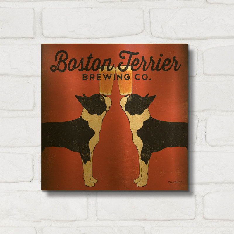 « Boston Terrier Brewing Co Square » de Ryan Fowler, décor mural en métal doré, 30,5 cm x 30,5 cm, 12 po x 12 po